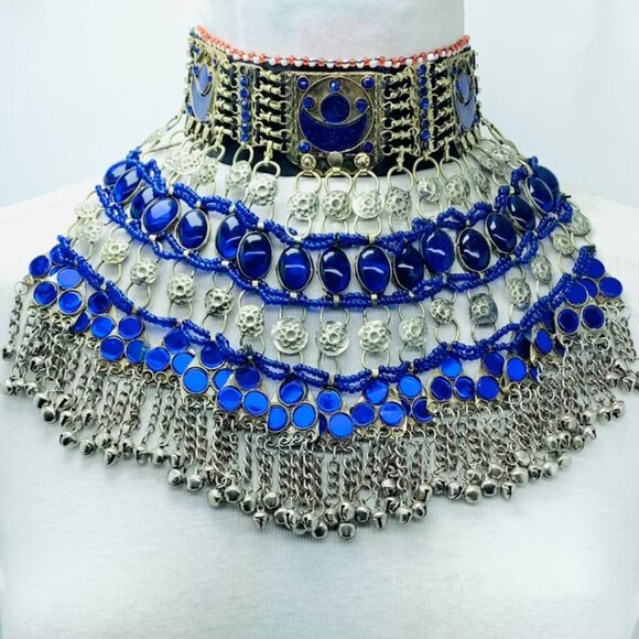 Blue Choker Necklace, Handmade Afghan Choker, Tribal Unique Jewelry designs - Picture 1 of 9